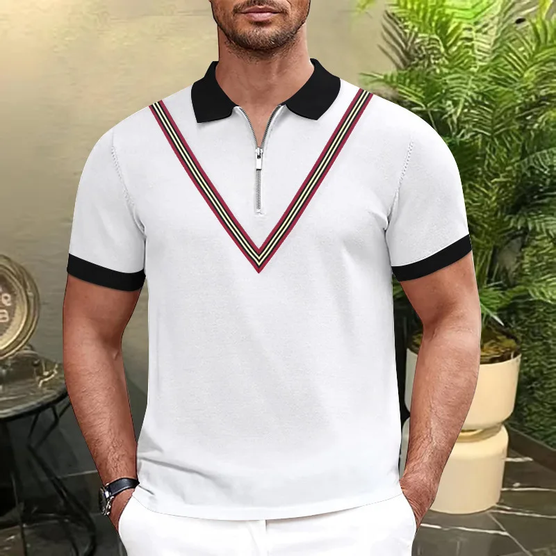 Pánske tvaru tlačené na zips klope T-shirt bežné farbou krátke rukávy polo tričko
