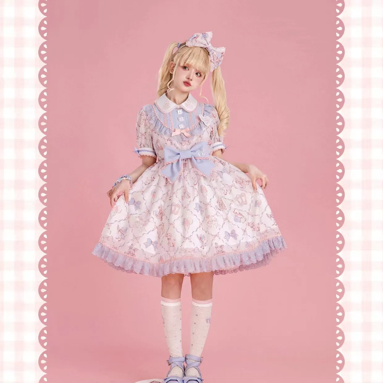 Čerstvé Sladké Lolita Šaty Roztomilý Kreslený Vytlačené Luk Princezná Šaty Denné Krátky Rukáv OP Letné Japonské Dievča Kawaii Party Šaty